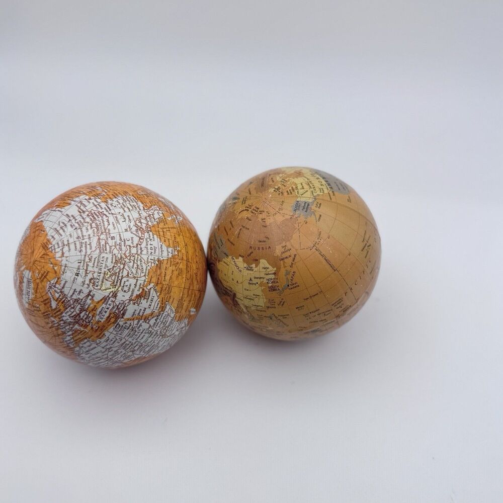 Set 2 Mini Decorative World Globe Balls 3" Desk Decor Gold Orange Map Academia
